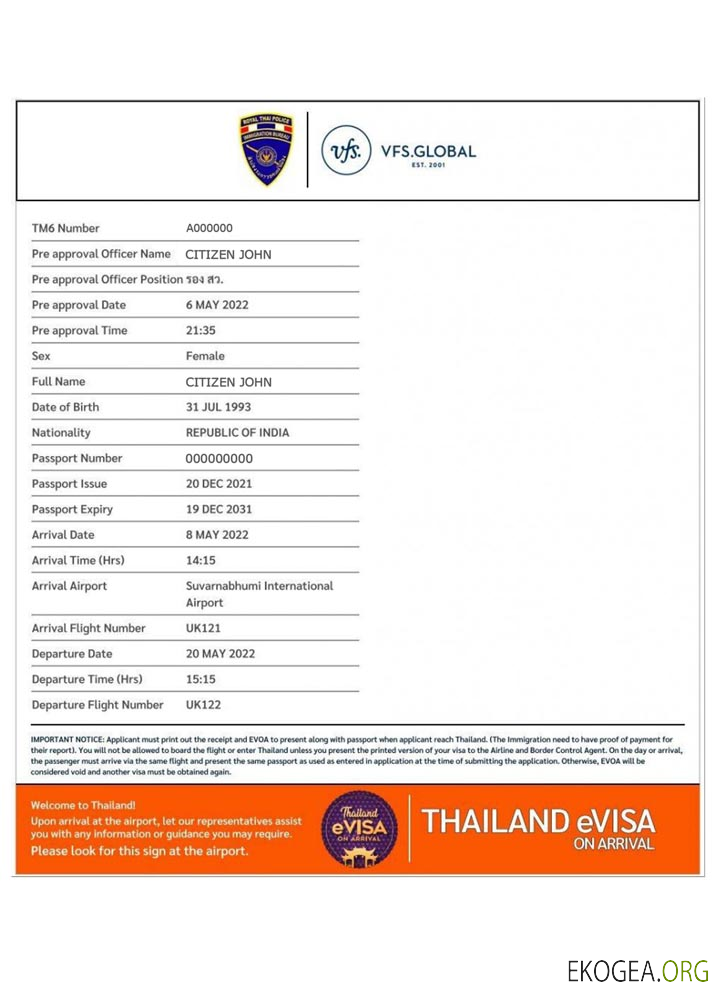 Visa électronique THAÏLANDE template Visa électronique THAÏLANDE template